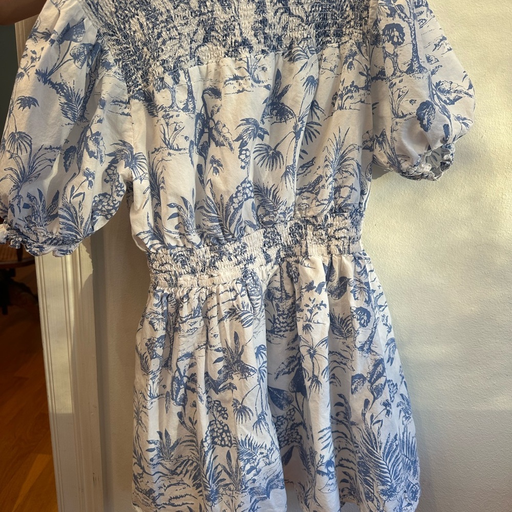 Girls Blue & White Smocked Tropical Print Dress